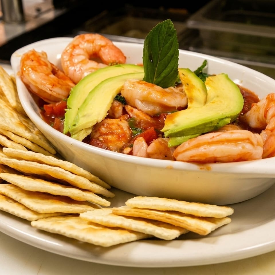 Shrimp ceviche with avocado slices and a mint garnish, served with crackers on a white plate.
